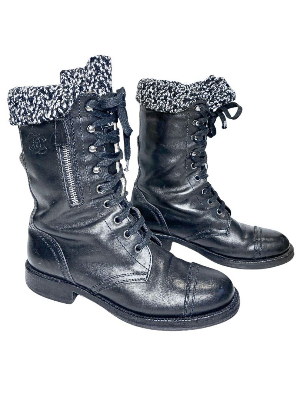 Chanel Karl Lagerfeld Vintage 2011 CC Black Leather Mid Calf Combat Boots EU 38